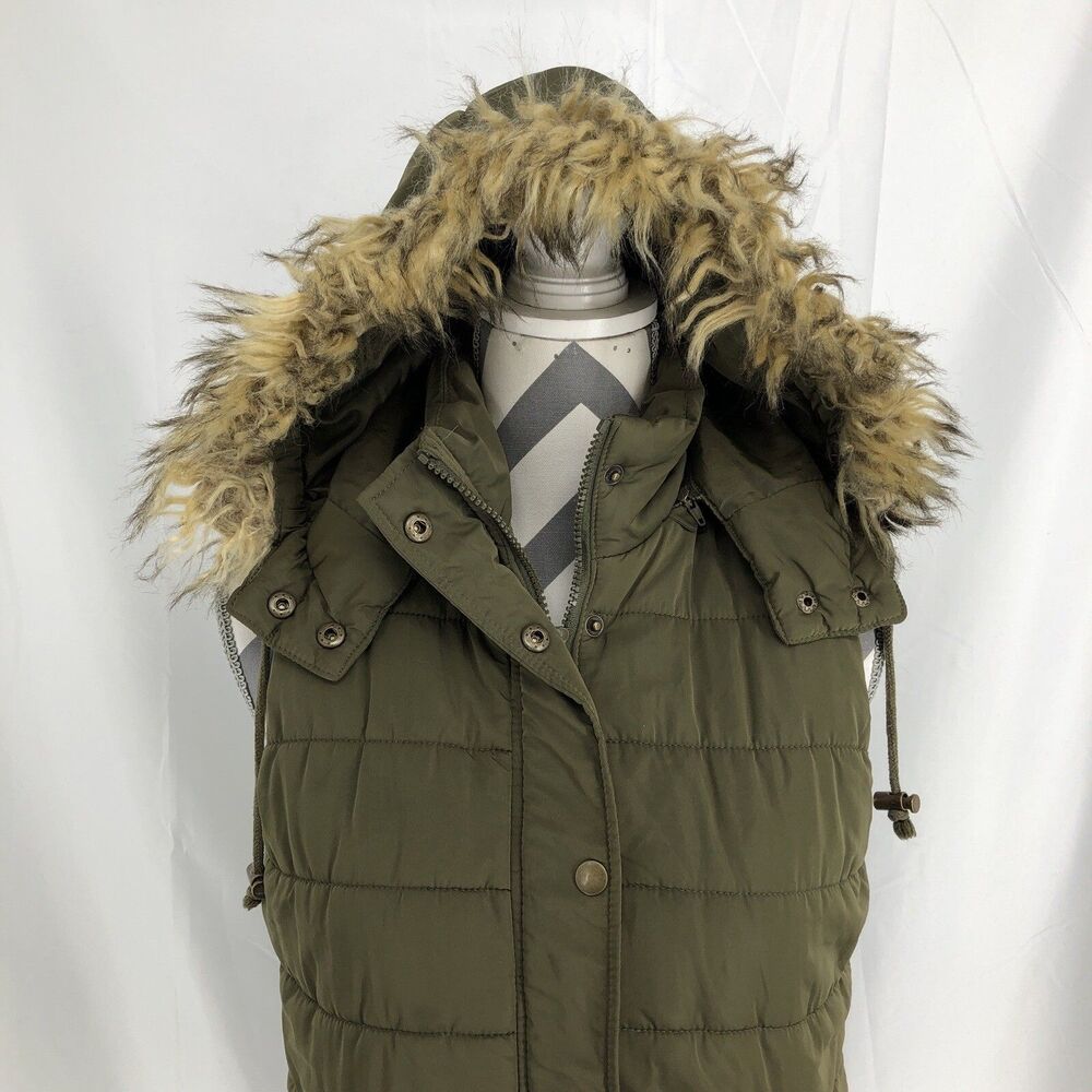 Love Tree Green Hooded Faux Fur Full Zip Pocket Snaps Puffer Vest Medium